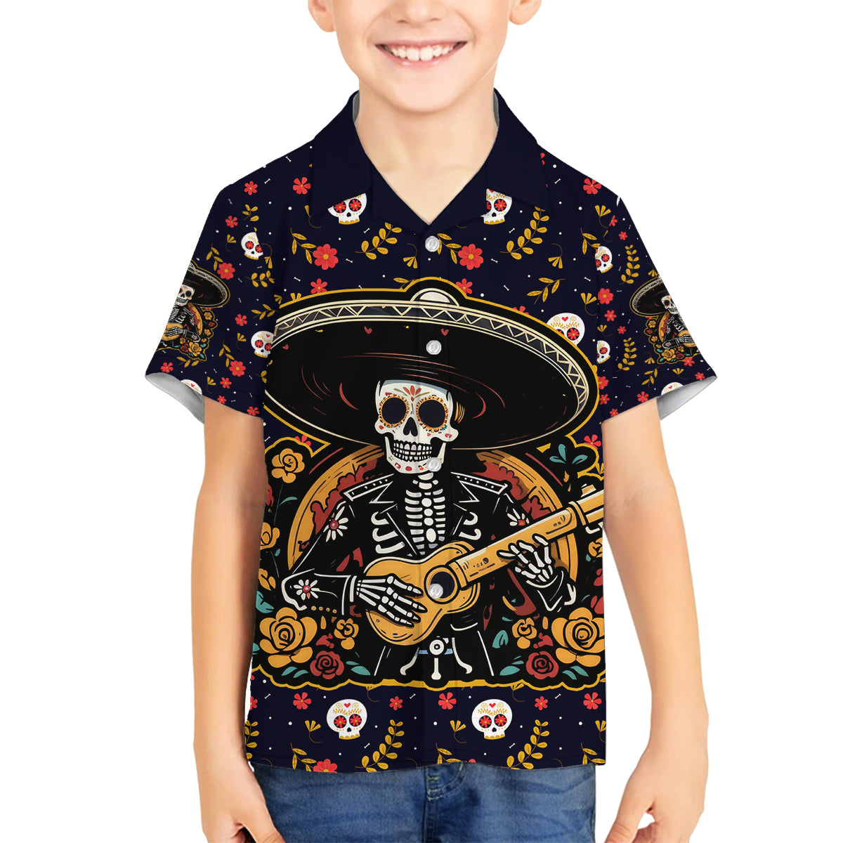 Day of Dead Skull Family Matching Off Shoulder Maxi Dress and Hawaiian Shirt Sugar Skull Musican - Wonder Print Shop