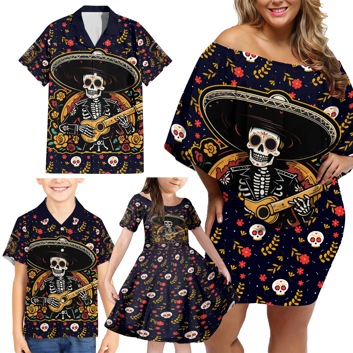 Day of Dead Skull Family Matching Off Shoulder Short Dress and Hawaiian Shirt Sugar Skull Musican - Wonder Print Shop