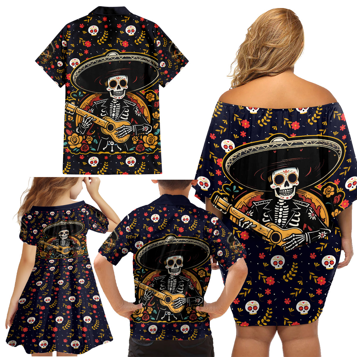 Day of Dead Skull Family Matching Off Shoulder Short Dress and Hawaiian Shirt Sugar Skull Musican - Wonder Print Shop