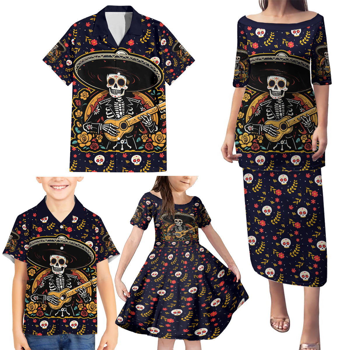 Day of Dead Skull Family Matching Puletasi Dress and Hawaiian Shirt Sugar Skull Musican - Wonder Print Shop