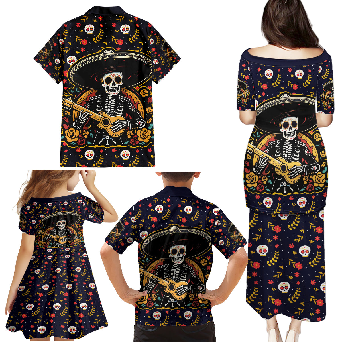 Day of Dead Skull Family Matching Puletasi Dress and Hawaiian Shirt Sugar Skull Musican - Wonder Print Shop