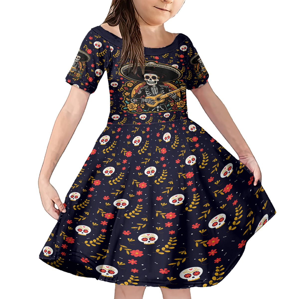 Day of Dead Skull Family Matching Short Sleeve Bodycon Dress and Hawaiian Shirt Sugar Skull Musican - Wonder Print Shop