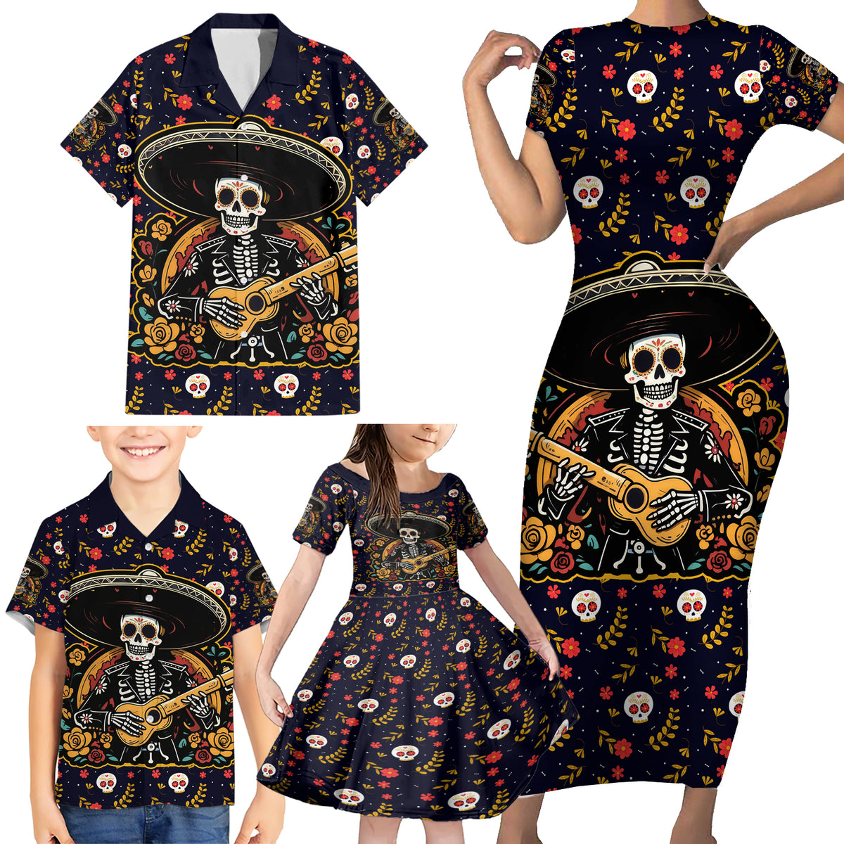 Day of Dead Skull Family Matching Short Sleeve Bodycon Dress and Hawaiian Shirt Sugar Skull Musican - Wonder Print Shop