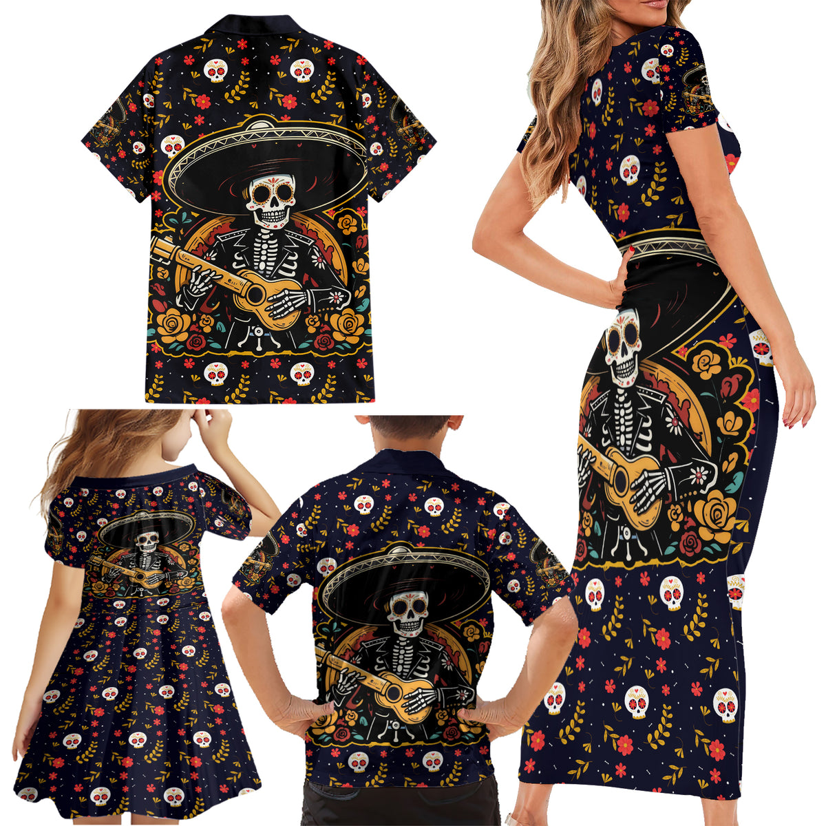 Day of Dead Skull Family Matching Short Sleeve Bodycon Dress and Hawaiian Shirt Sugar Skull Musican - Wonder Print Shop