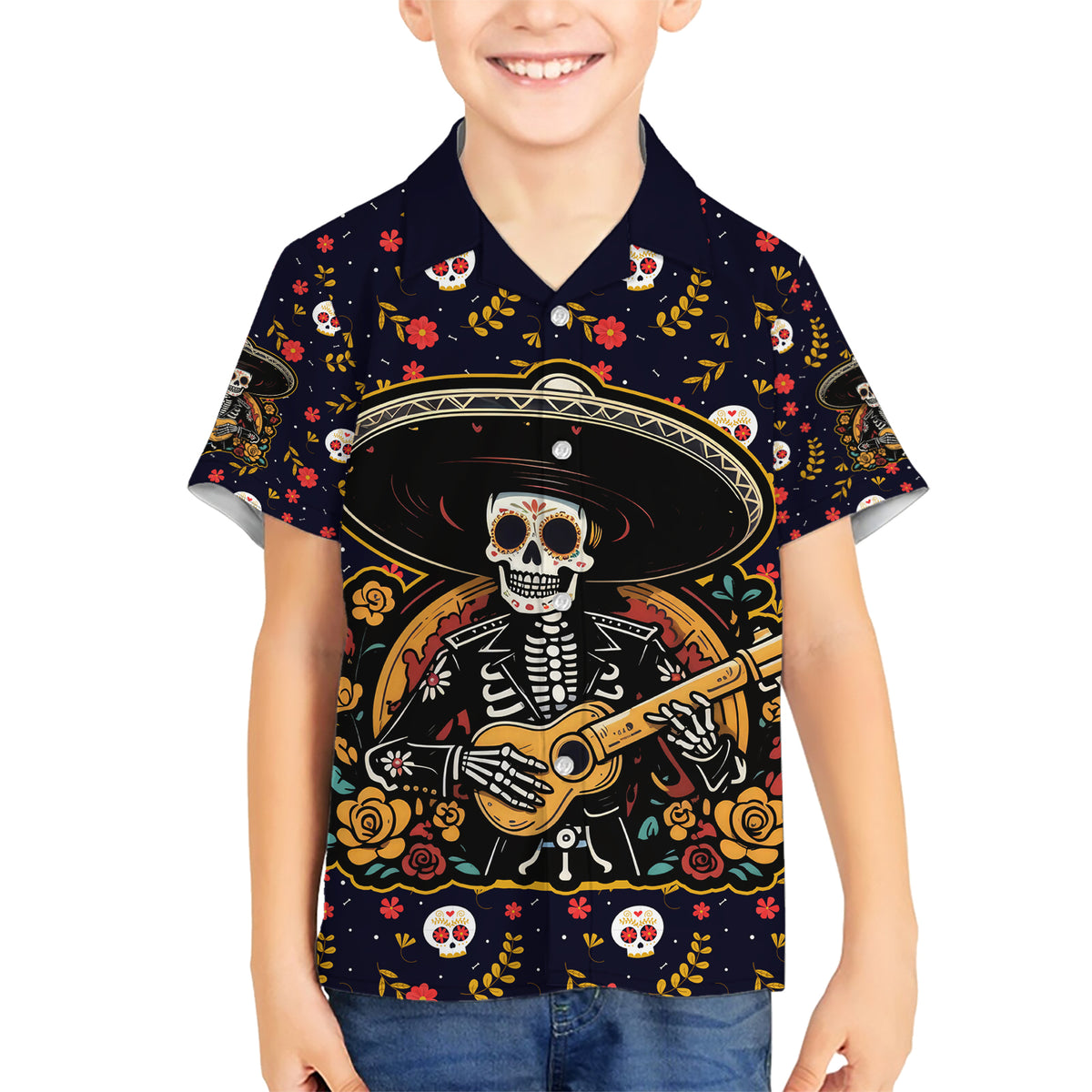 Day of Dead Skull Family Matching Short Sleeve Bodycon Dress and Hawaiian Shirt Sugar Skull Musican - Wonder Print Shop