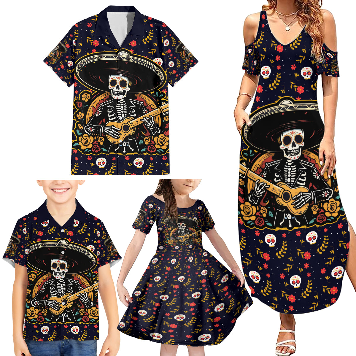 Day of Dead Skull Family Matching Summer Maxi Dress and Hawaiian Shirt Sugar Skull Musican - Wonder Print Shop