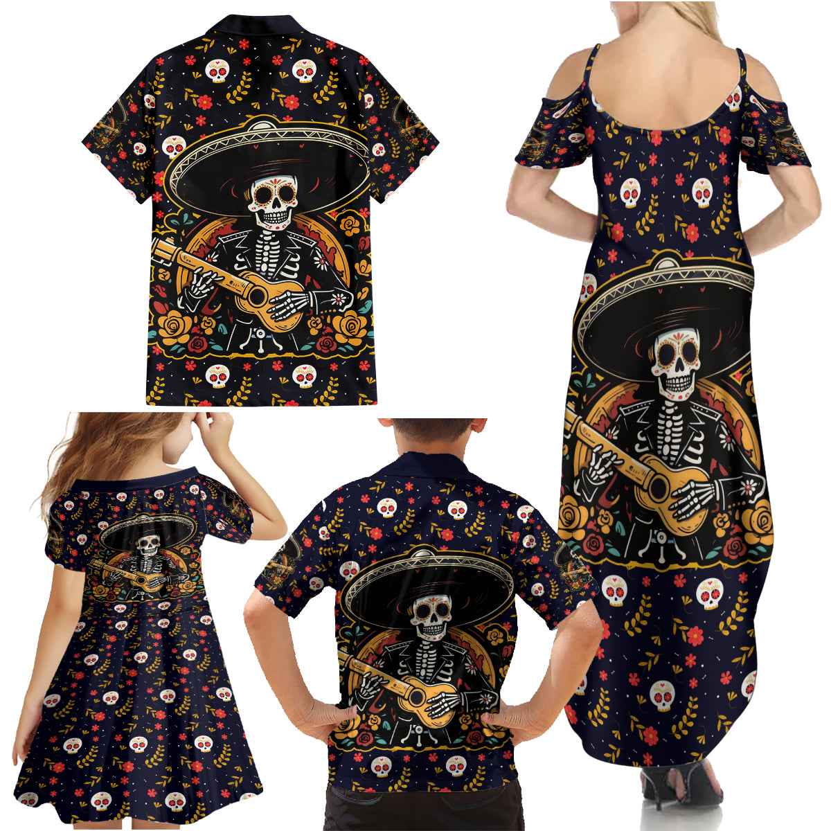 Day of Dead Skull Family Matching Summer Maxi Dress and Hawaiian Shirt Sugar Skull Musican - Wonder Print Shop
