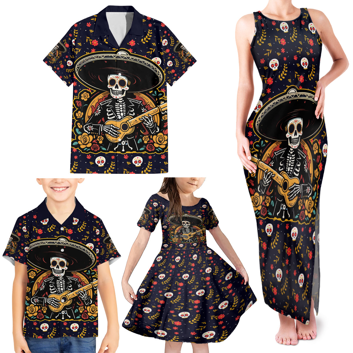 Day of Dead Skull Family Matching Tank Maxi Dress and Hawaiian Shirt Sugar Skull Musican - Wonder Print Shop