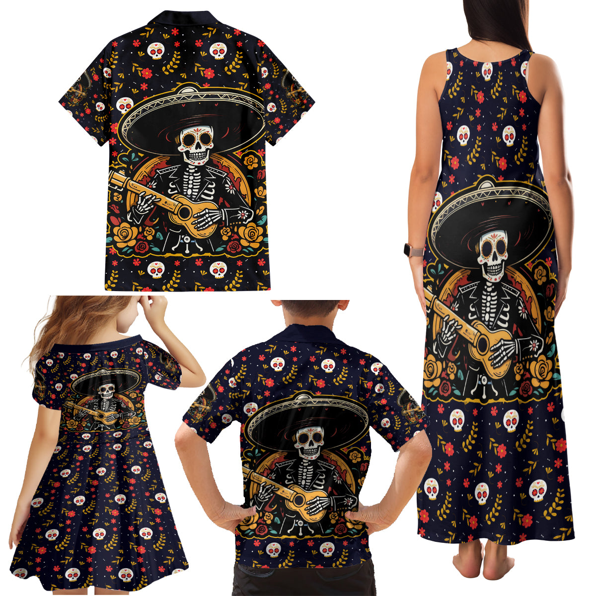 Day of Dead Skull Family Matching Tank Maxi Dress and Hawaiian Shirt Sugar Skull Musican - Wonder Print Shop
