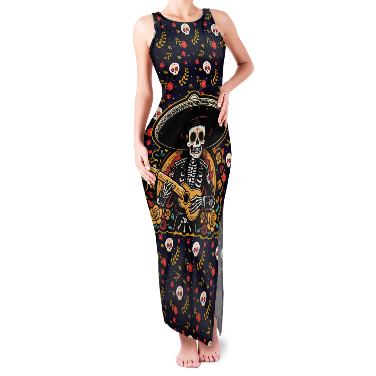 Day of Dead Skull Family Matching Tank Maxi Dress and Hawaiian Shirt Sugar Skull Musican - Wonder Print Shop