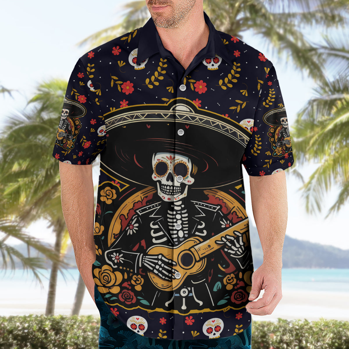 Day of Dead Skull Hawaiian Shirt Sugar Skull Musican - Wonder Print Shop