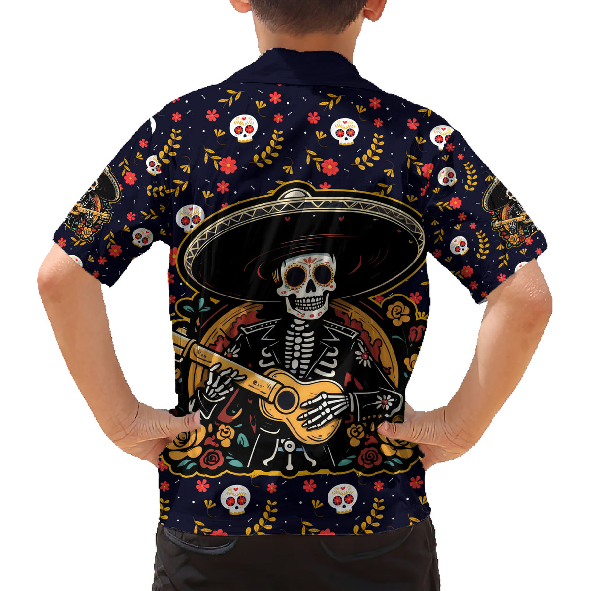 Day of Dead Skull Kid Hawaiian Shirt Sugar Skull Musican - Wonder Print Shop