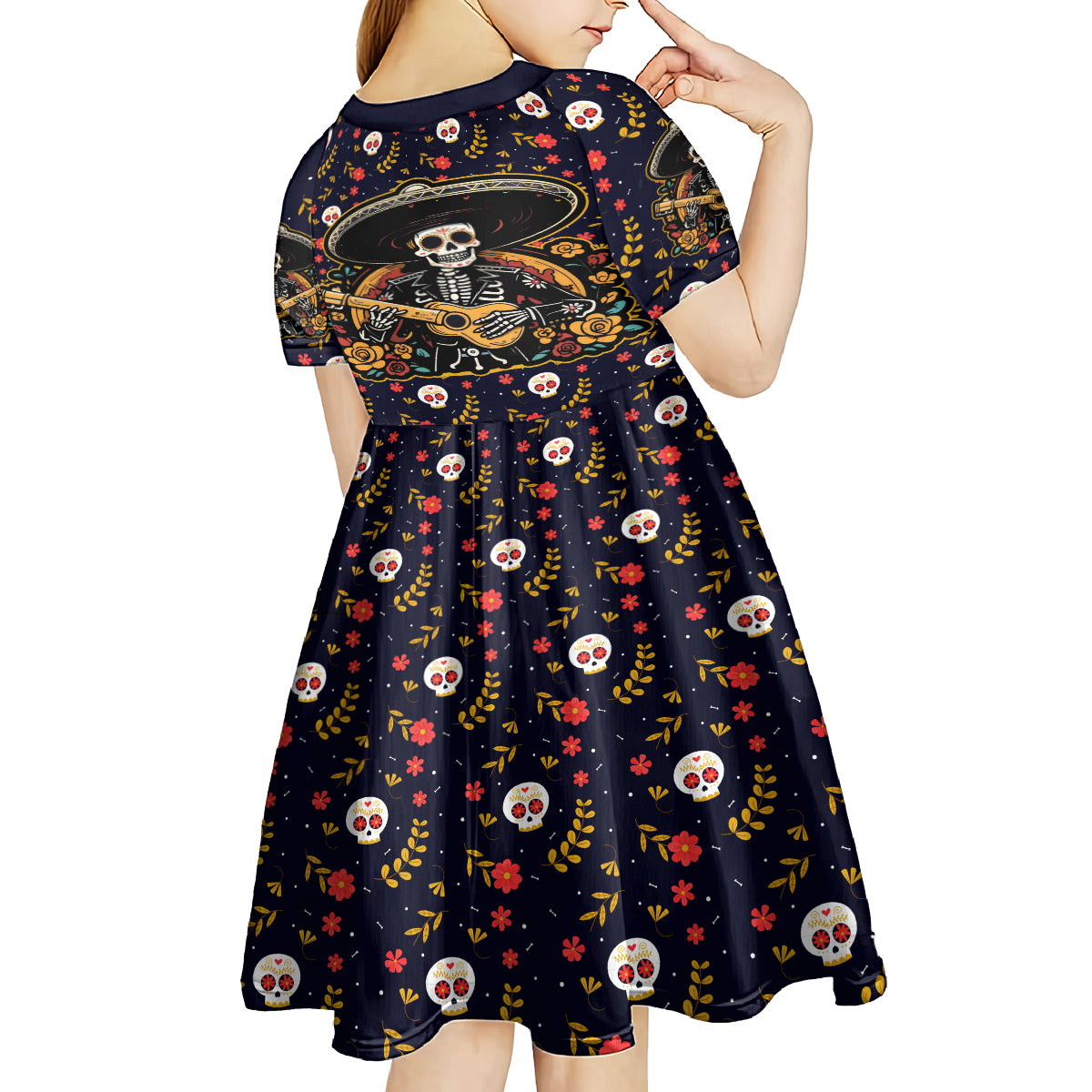 Day of Dead Skull Kid Short Sleeve Dress Sugar Skull Musican - Wonder Print Shop