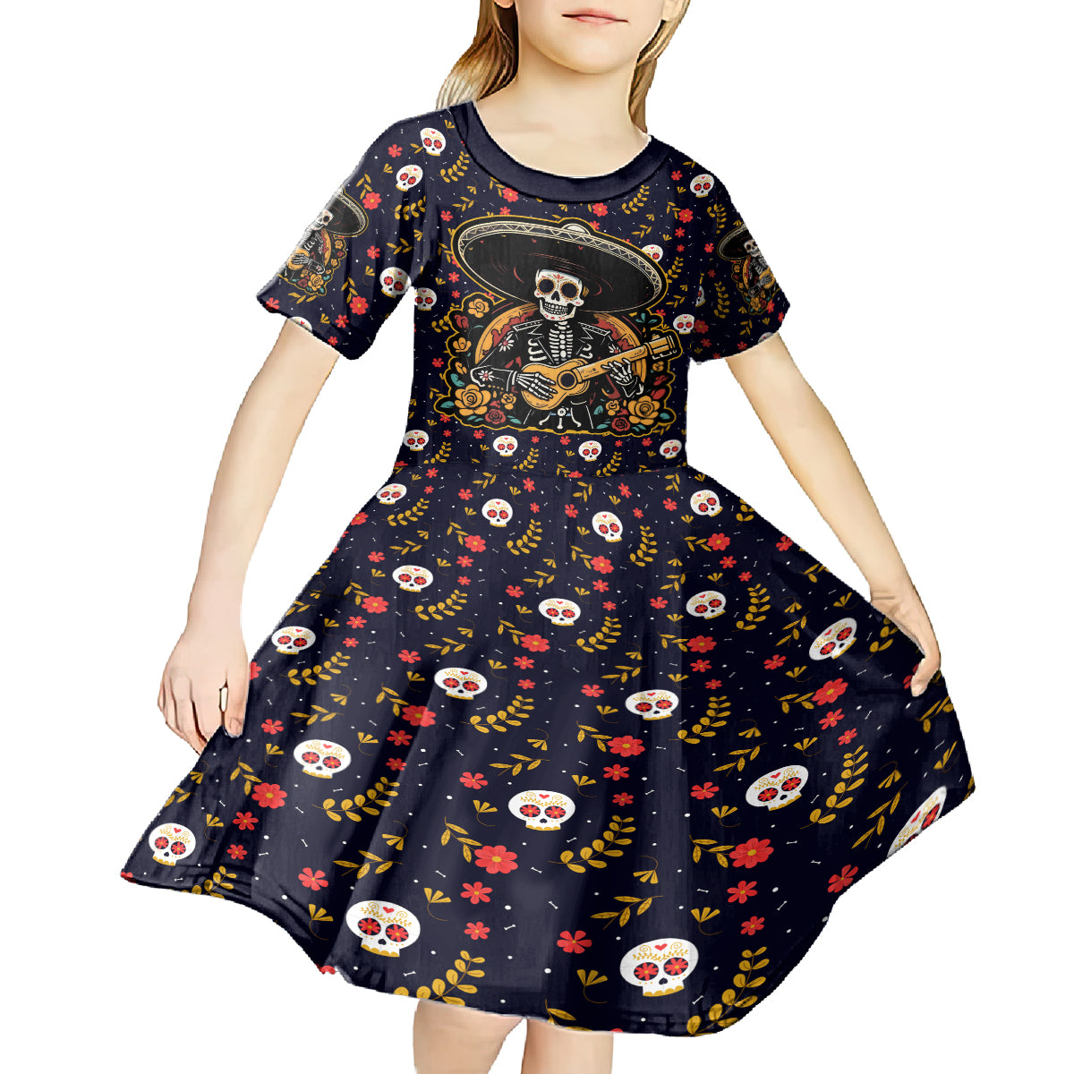Day of Dead Skull Kid Short Sleeve Dress Sugar Skull Musican - Wonder Print Shop