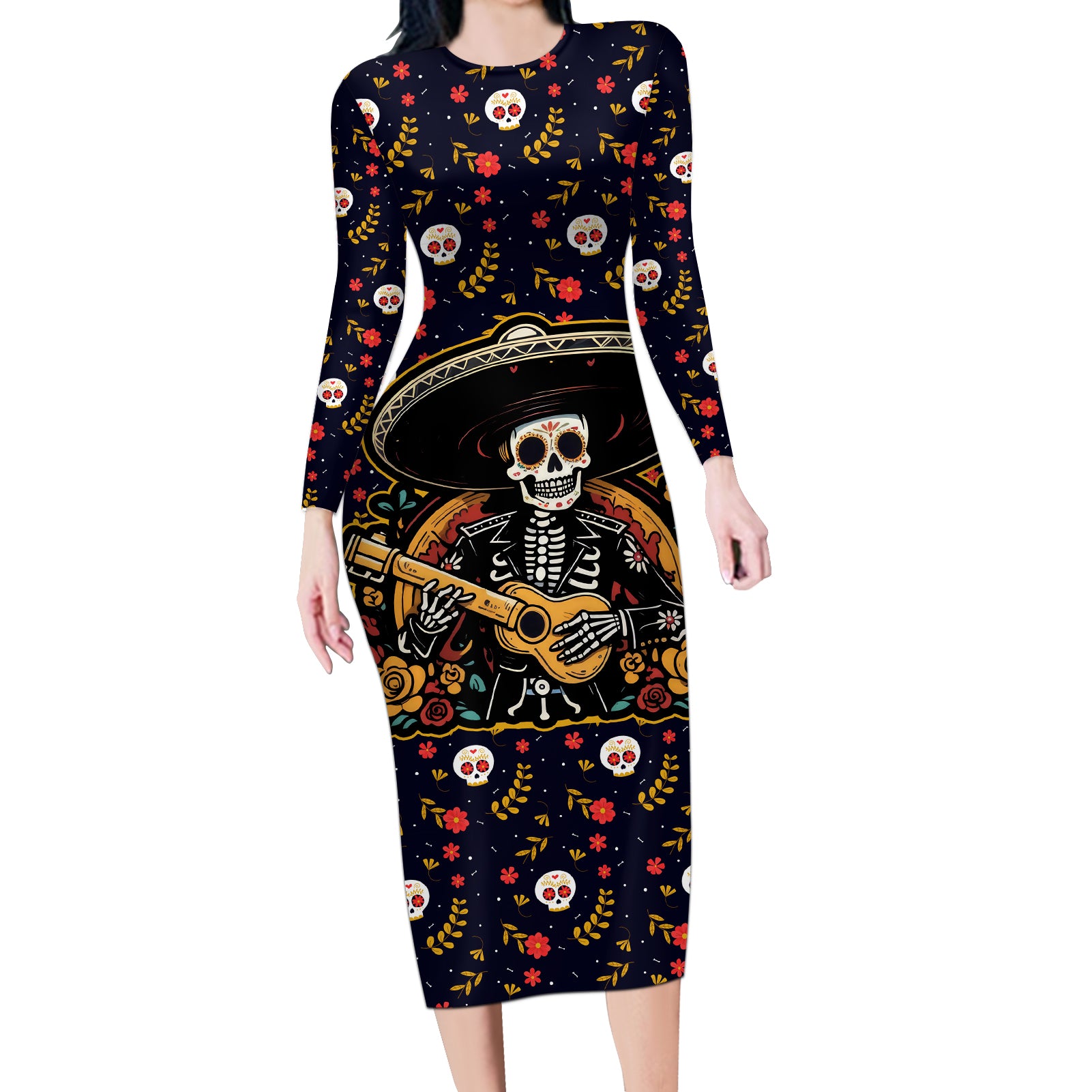 Day of Dead Skull Long Sleeve Bodycon Dress Sugar Skull Musican - Wonder Print Shop