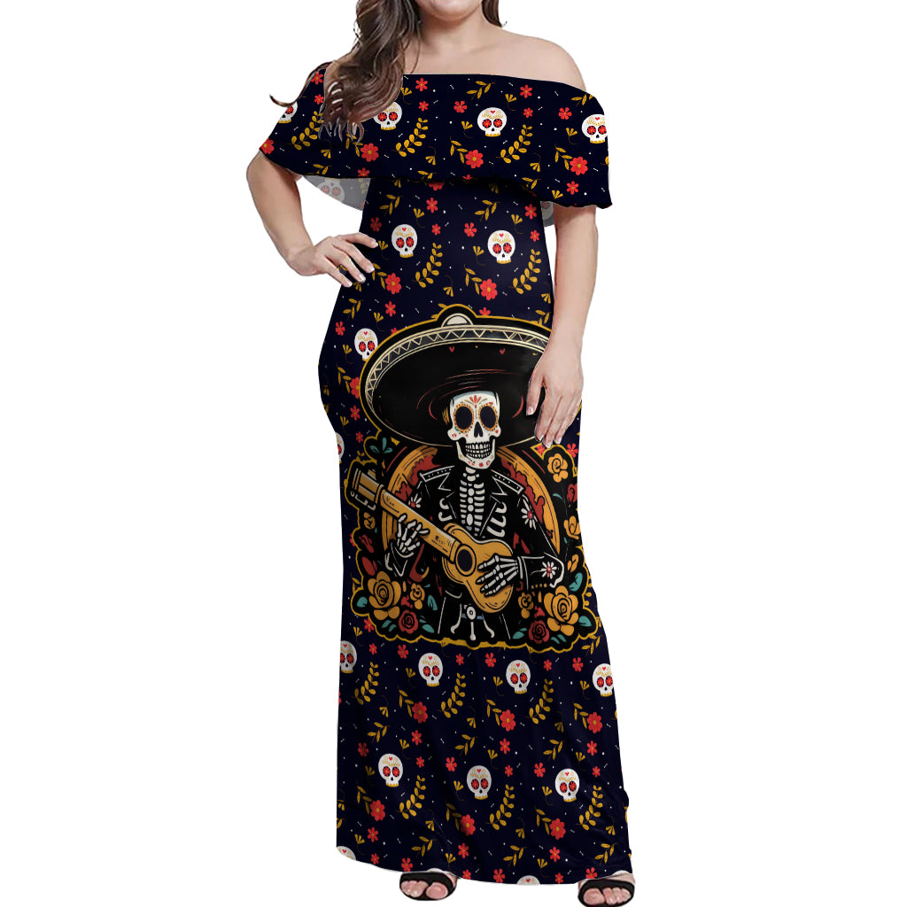 Day of Dead Skull Off Shoulder Maxi Dress Sugar Skull Musican - Wonder Print Shop