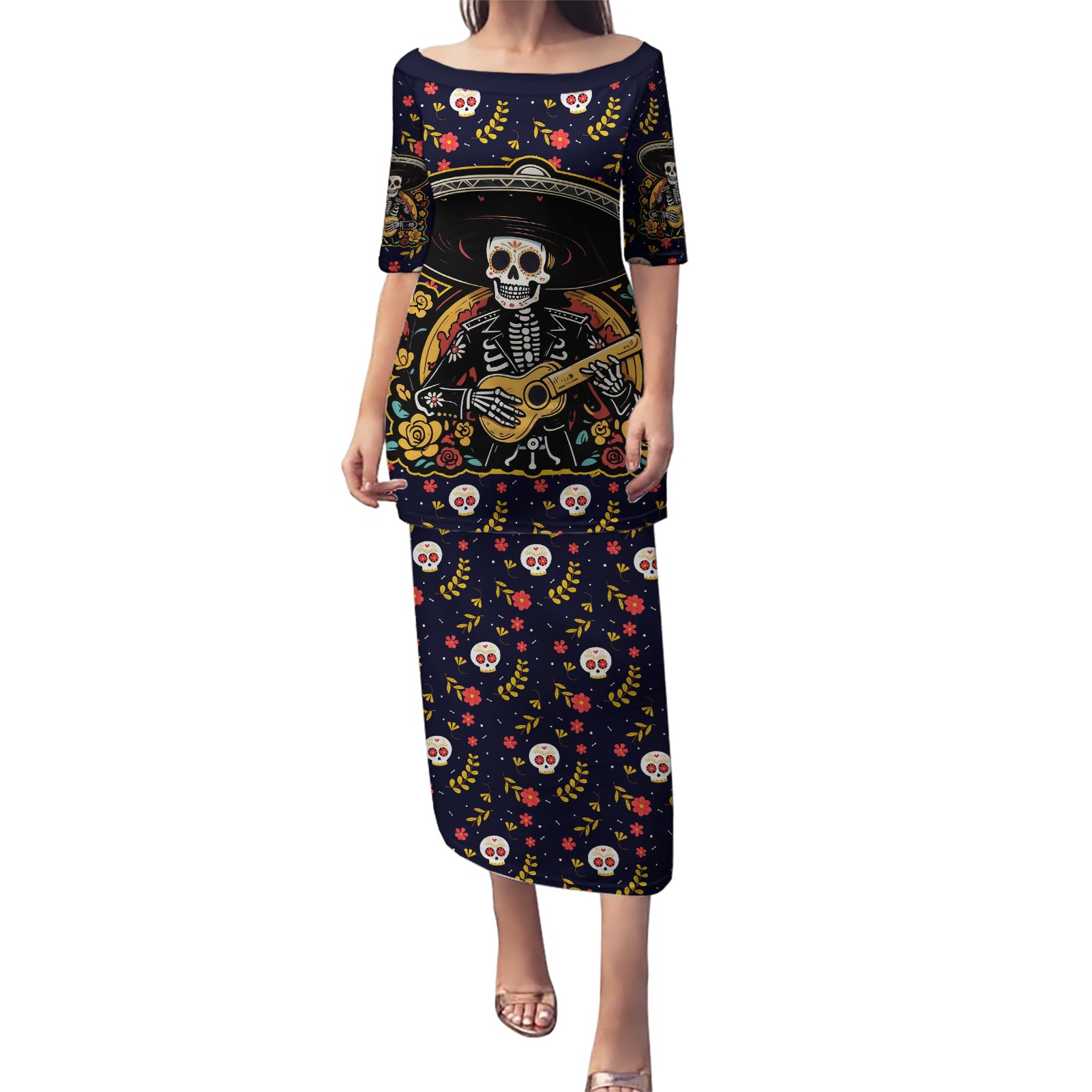 Day of Dead Skull Puletasi Sugar Skull Musican - Wonder Print Shop