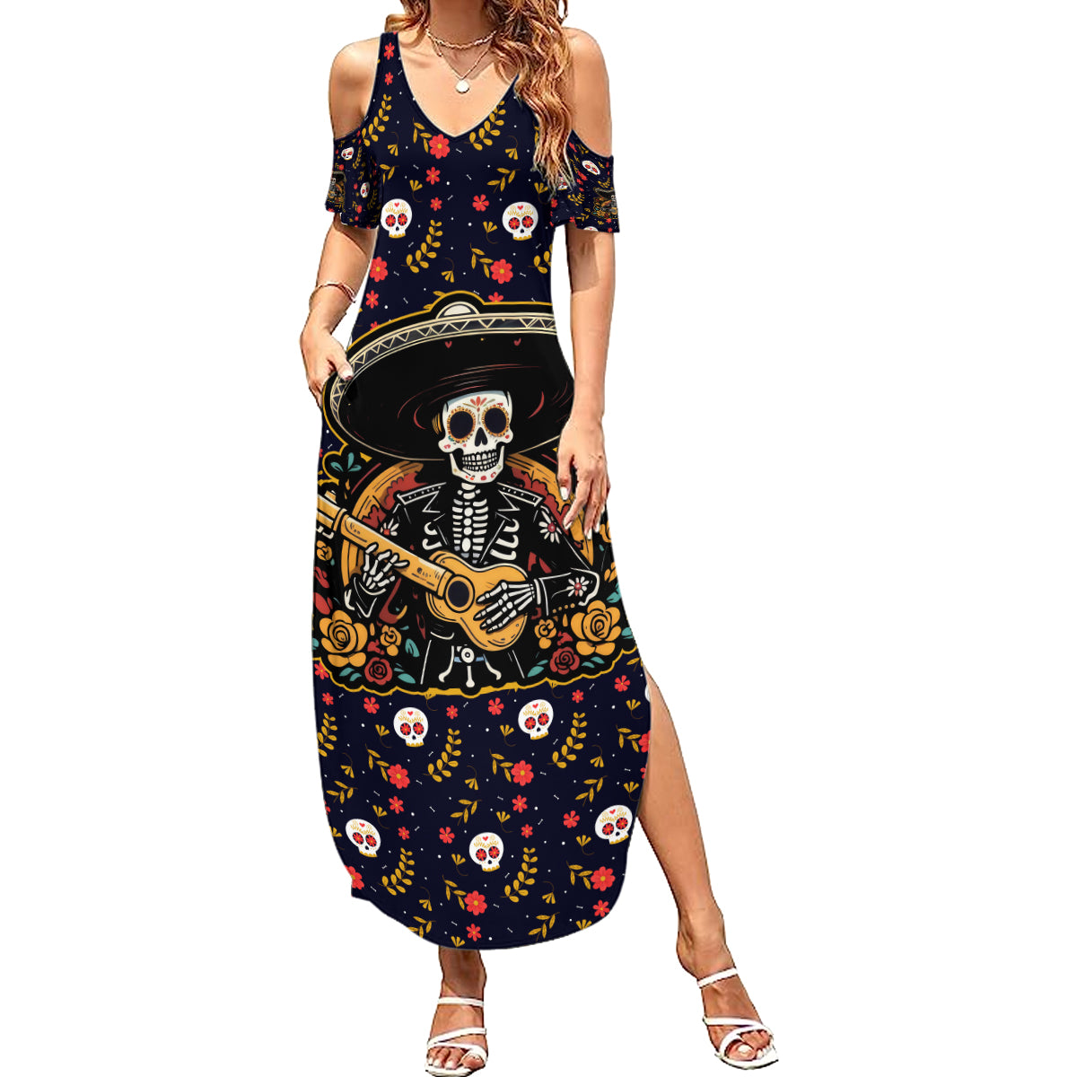 Day of Dead Skull Summer Maxi Dress Sugar Skull Musican - Wonder Print Shop