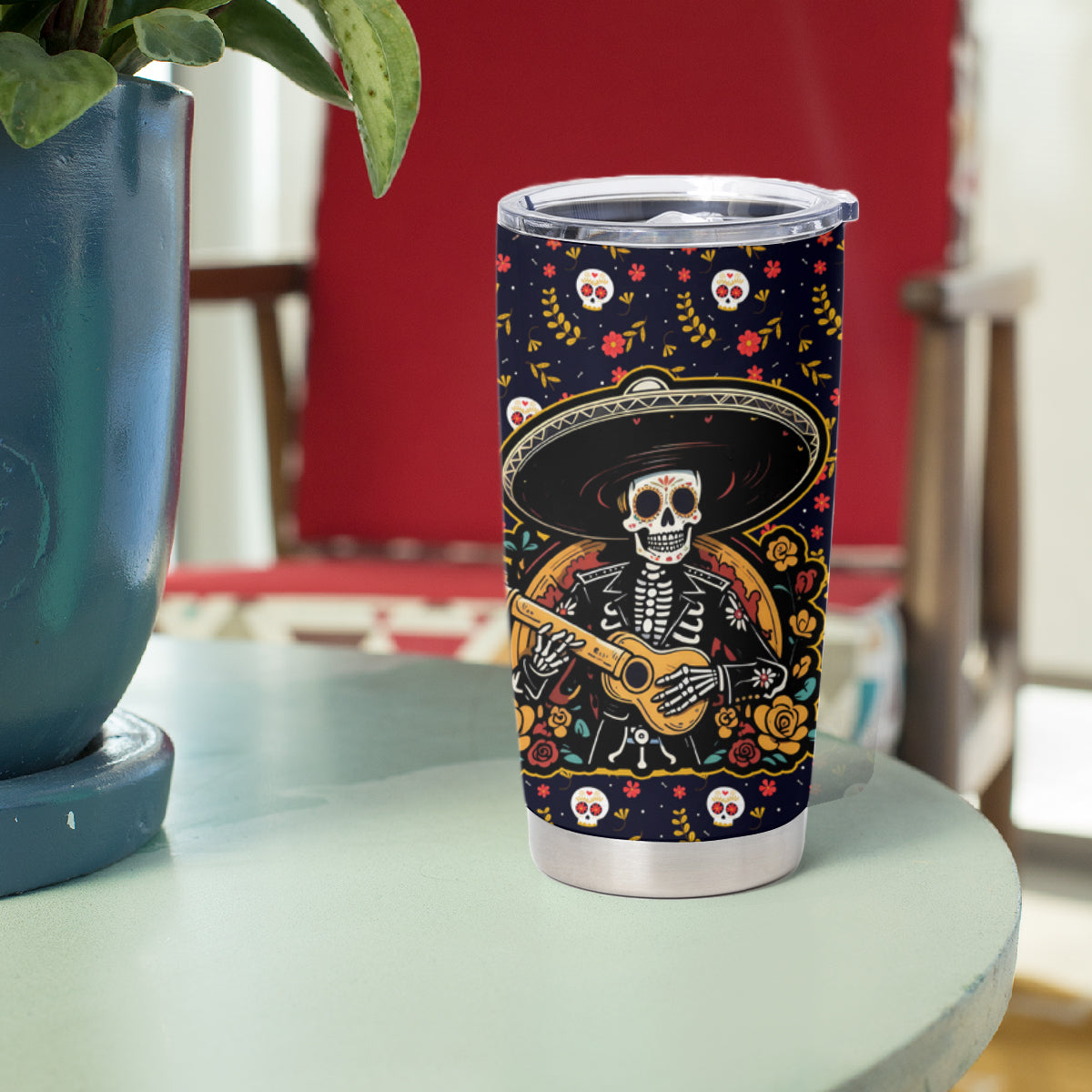 Day of Dead Skull Tumbler Cup Sugar Skull Musican - Wonder Print Shop