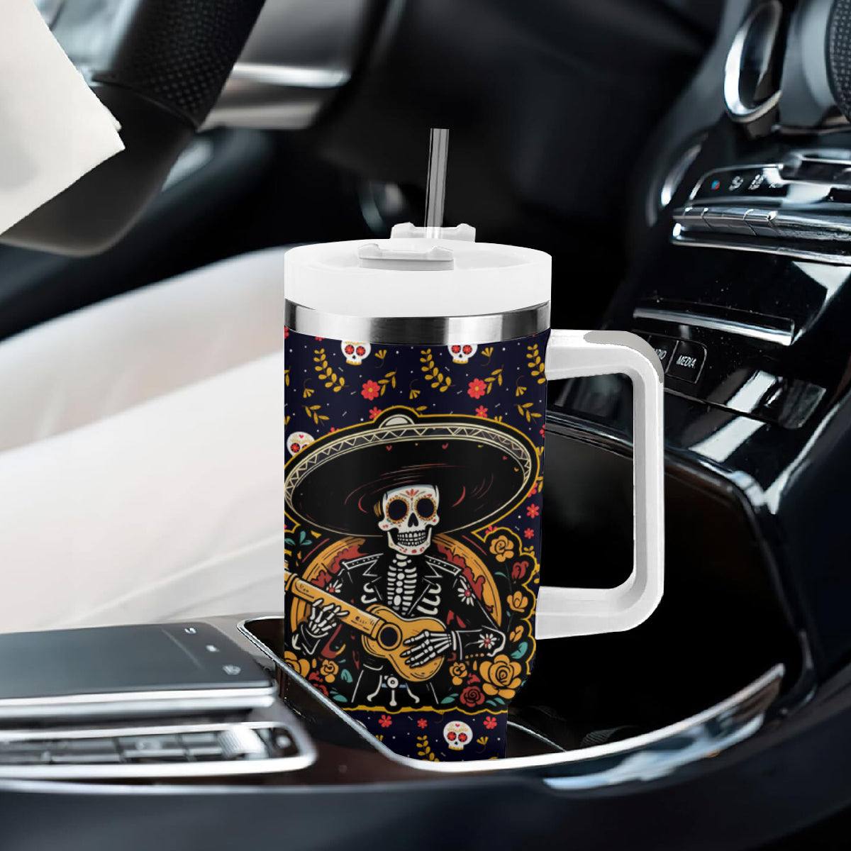 Day of Dead Skull Tumbler With Handle Sugar Skull Musican - Wonder Print Shop