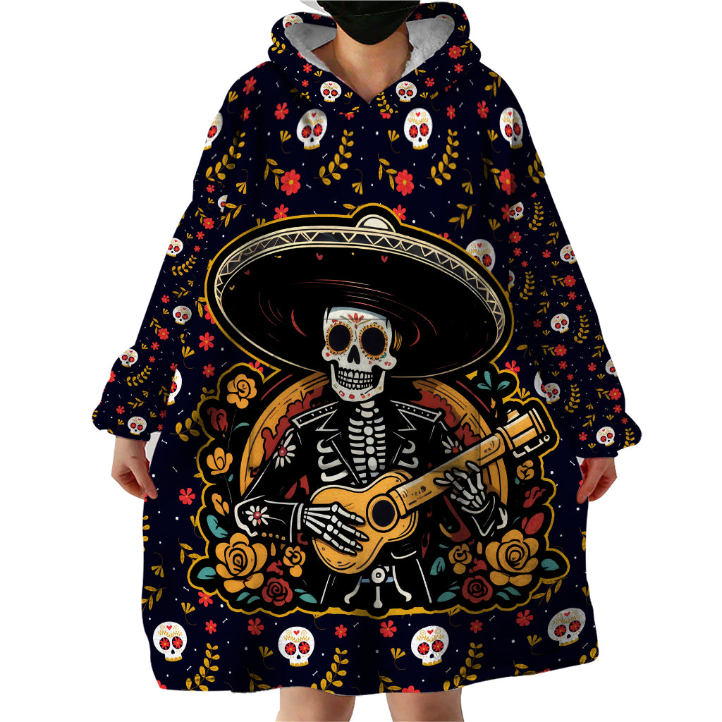 Day of Dead Skull Wearable Blanket Hoodie Sugar Skull Musican - Wonder Print Shop