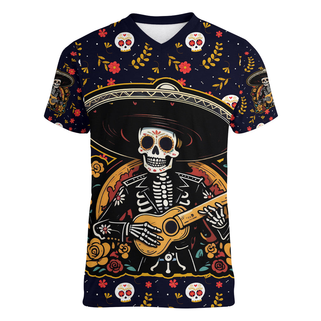 Day of Dead Skull Women V Neck T Shirt Sugar Skull Musican - Wonder Print Shop