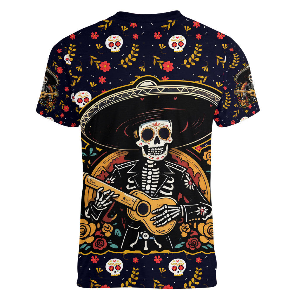 Day of Dead Skull Women V Neck T Shirt Sugar Skull Musican - Wonder Print Shop