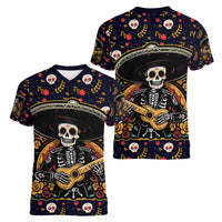 Day of Dead Skull Women V Neck T Shirt Sugar Skull Musican - Wonder Print Shop