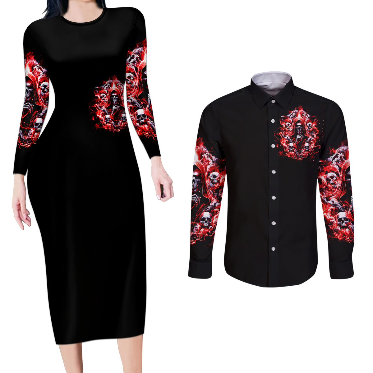 Thunder Skull Couples Matching Long Sleeve Bodycon Dress and Long Sleeve Button Shirt Never Mistake My Silence For Weakness - Wonder Print Shop