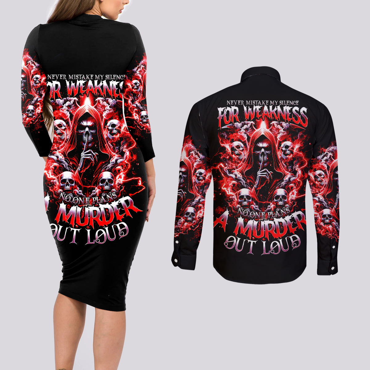 Thunder Skull Couples Matching Long Sleeve Bodycon Dress and Long Sleeve Button Shirt Never Mistake My Silence For Weakness - Wonder Print Shop
