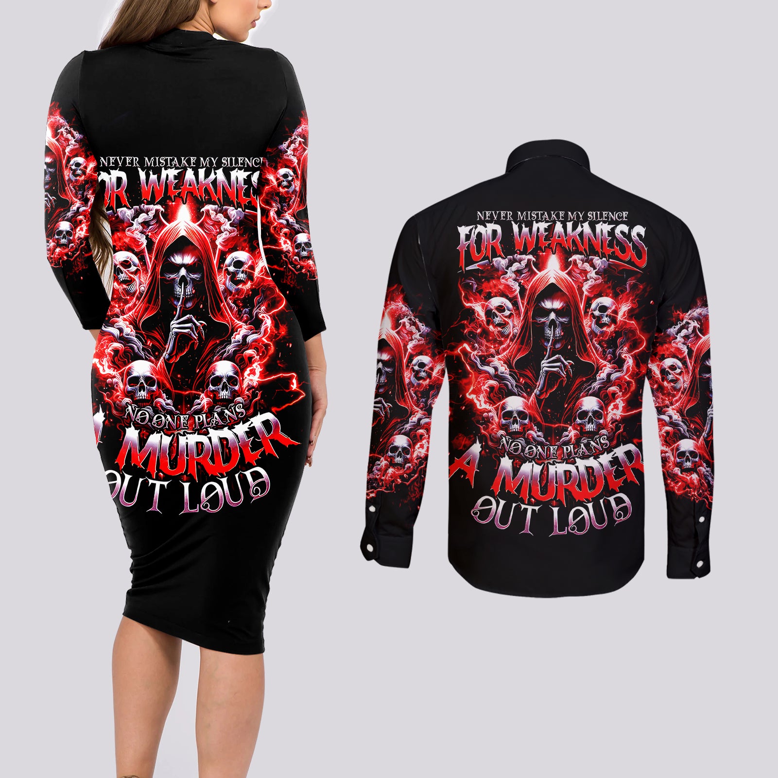 Thunder Skull Couples Matching Long Sleeve Bodycon Dress and Long Sleeve Button Shirt Never Mistake My Silence For Weakness - Wonder Print Shop