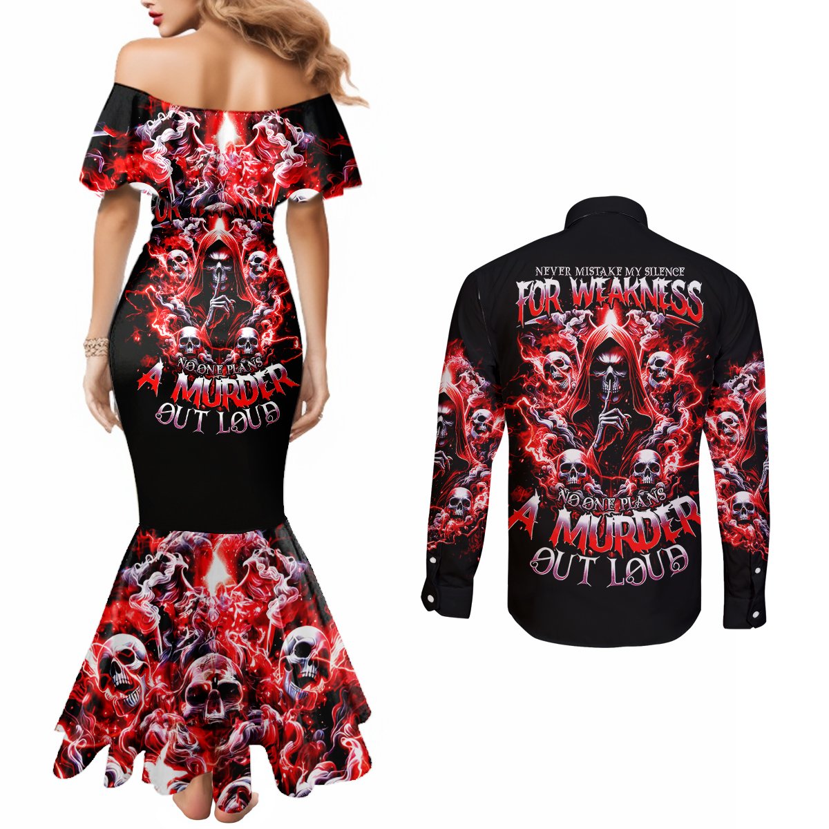 thunder-skull-couples-matching-mermaid-dress-and-long-sleeve-button-shirt-never-mistake-my-silence-for-weakness