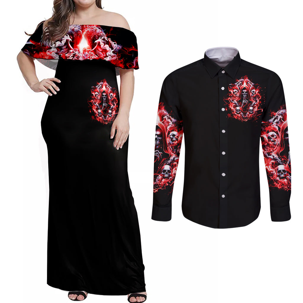 Thunder Skull Couples Matching Off Shoulder Maxi Dress and Long Sleeve Button Shirt Never Mistake My Silence For Weakness - Wonder Print Shop