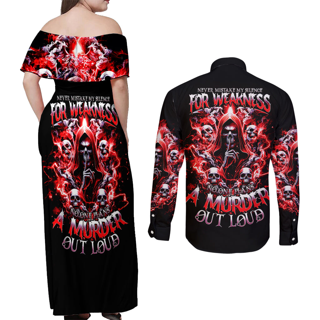 Thunder Skull Couples Matching Off Shoulder Maxi Dress and Long Sleeve Button Shirt Never Mistake My Silence For Weakness - Wonder Print Shop
