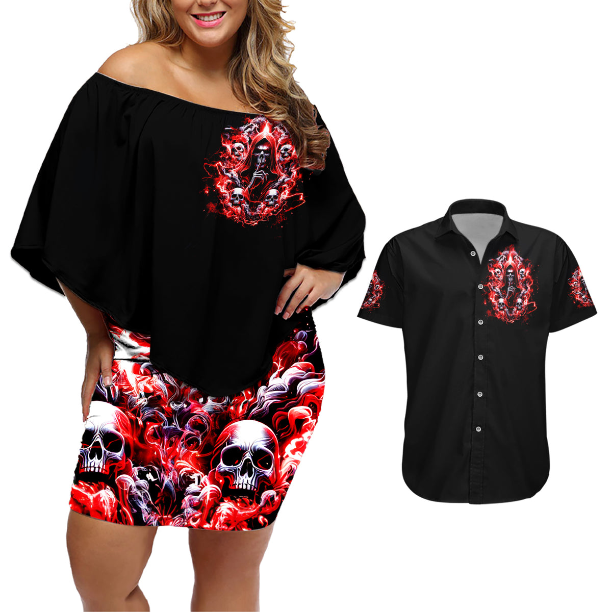 Thunder Skull Couples Matching Off Shoulder Short Dress and Hawaiian Shirt Never Mistake My Silence For Weakness - Wonder Print Shop