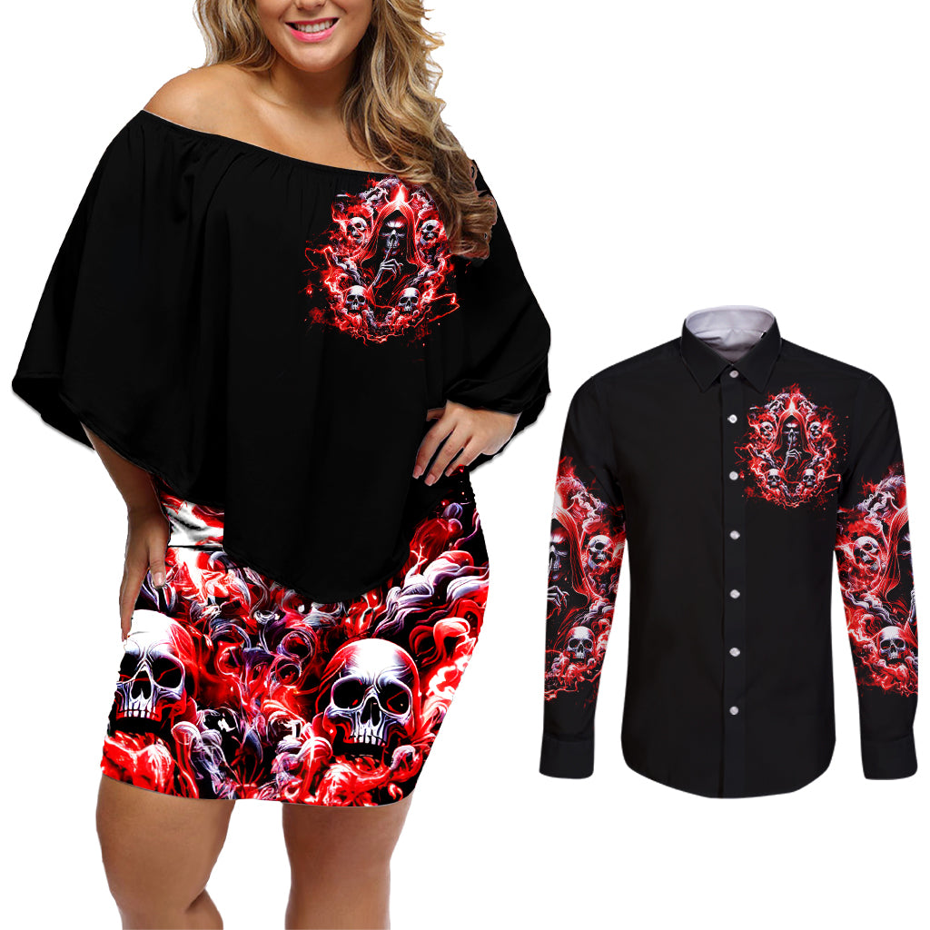 Thunder Skull Couples Matching Off Shoulder Short Dress and Long Sleeve Button Shirt Never Mistake My Silence For Weakness - Wonder Print Shop