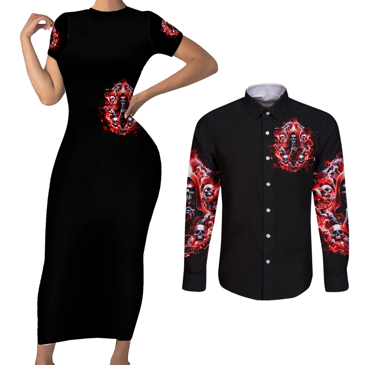 Thunder Skull Couples Matching Short Sleeve Bodycon Dress and Long Sleeve Button Shirt Never Mistake My Silence For Weakness - Wonder Print Shop