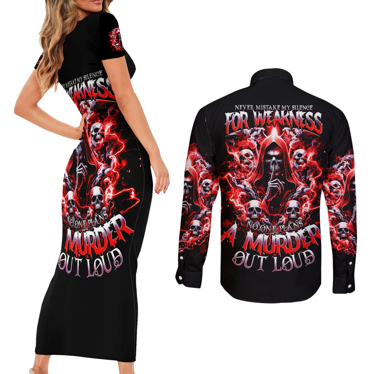 Thunder Skull Couples Matching Short Sleeve Bodycon Dress and Long Sleeve Button Shirt Never Mistake My Silence For Weakness - Wonder Print Shop