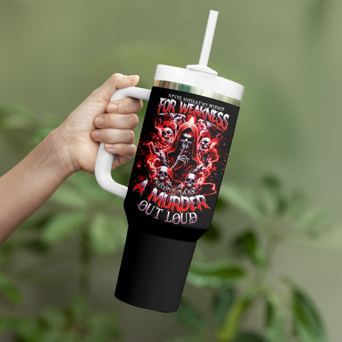 Thunder Skull Tumbler With Handle Never Mistake My Silence For Weakness - Wonder Print Shop