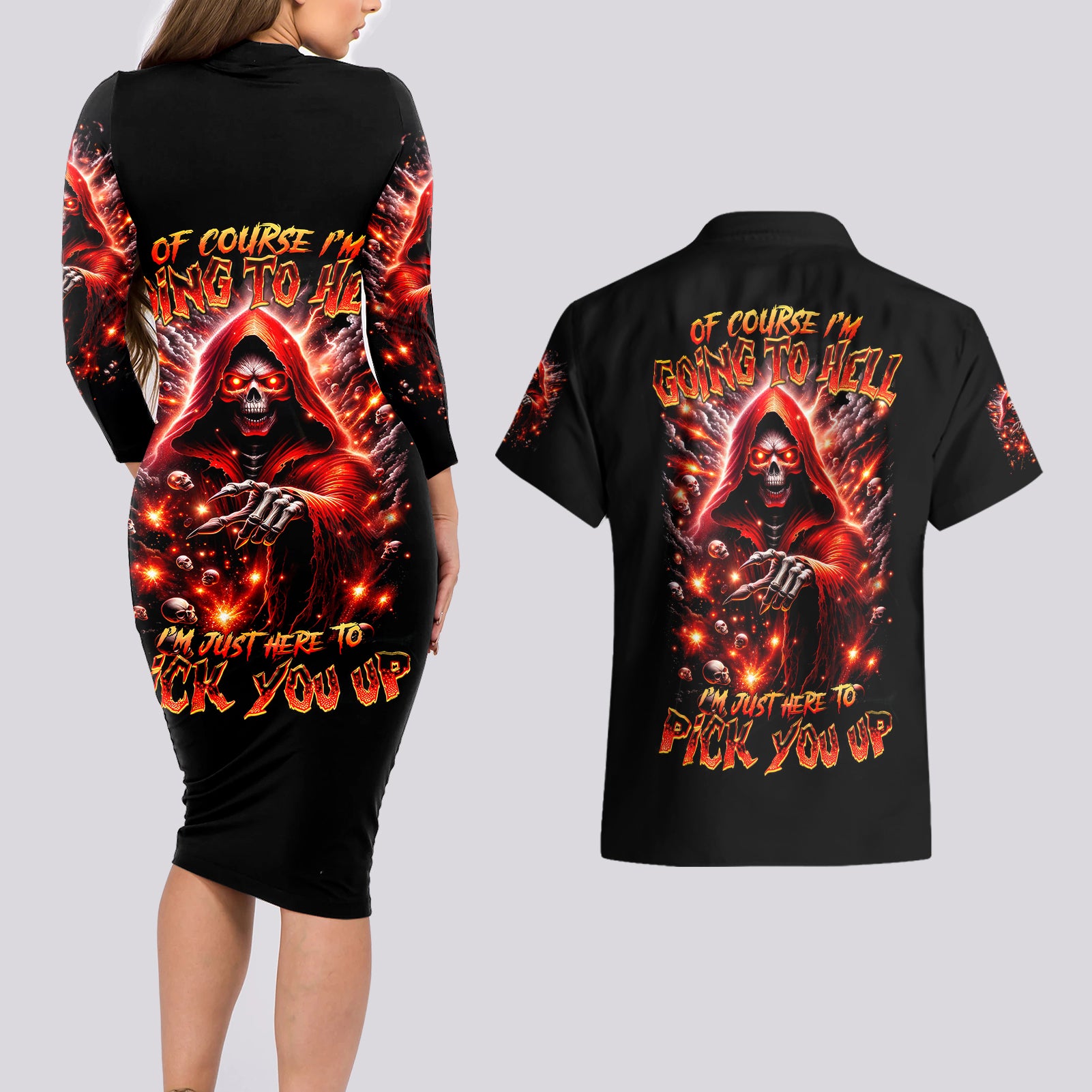 Flame Skull Couples Matching Long Sleeve Bodycon Dress and Hawaiian Shirt Of Course I'm Going To Hell Just Pick You Up - Wonder Print Shop