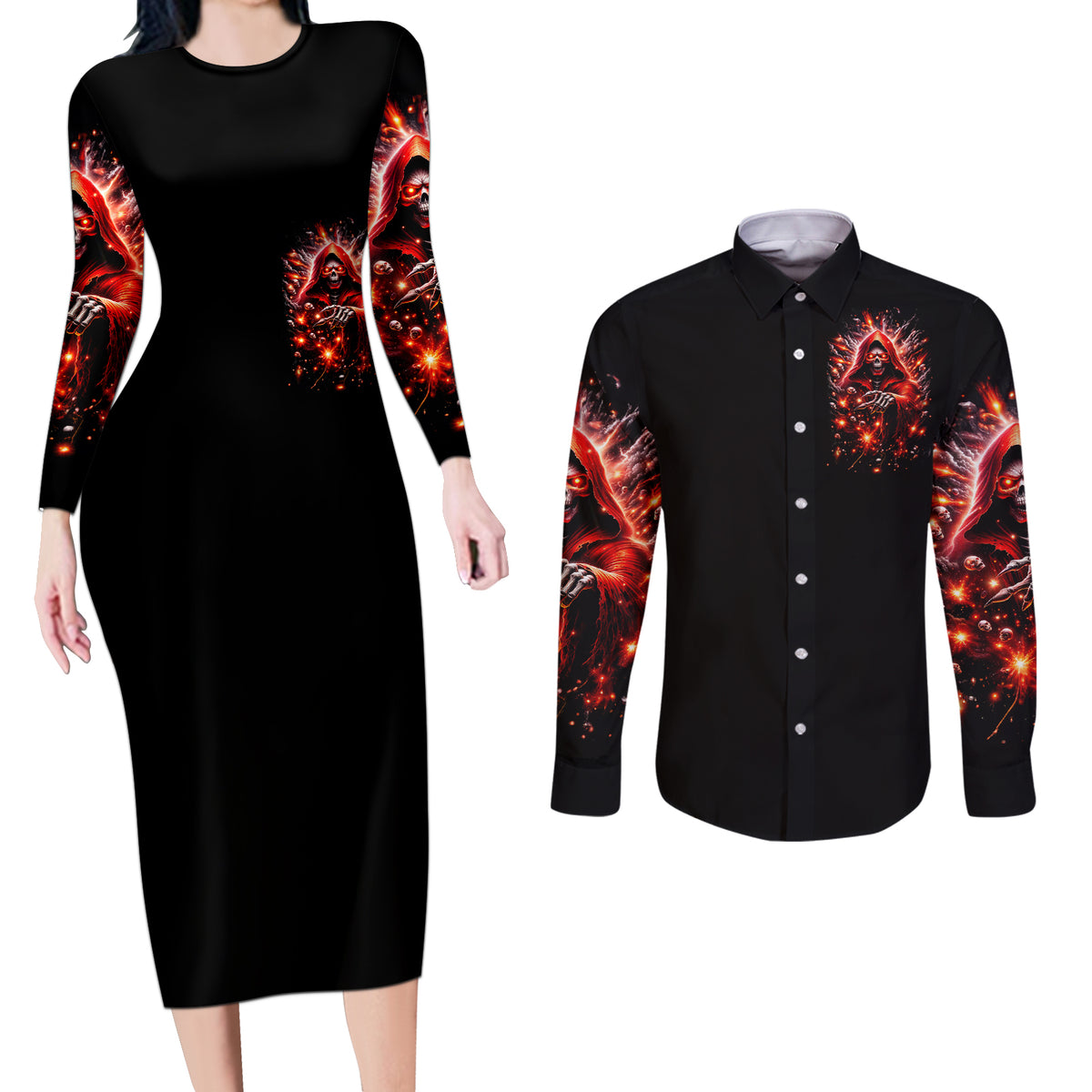 Flame Skull Couples Matching Long Sleeve Bodycon Dress and Long Sleeve Button Shirt Of Course I'm Going To Hell Just Pick You Up - Wonder Print Shop