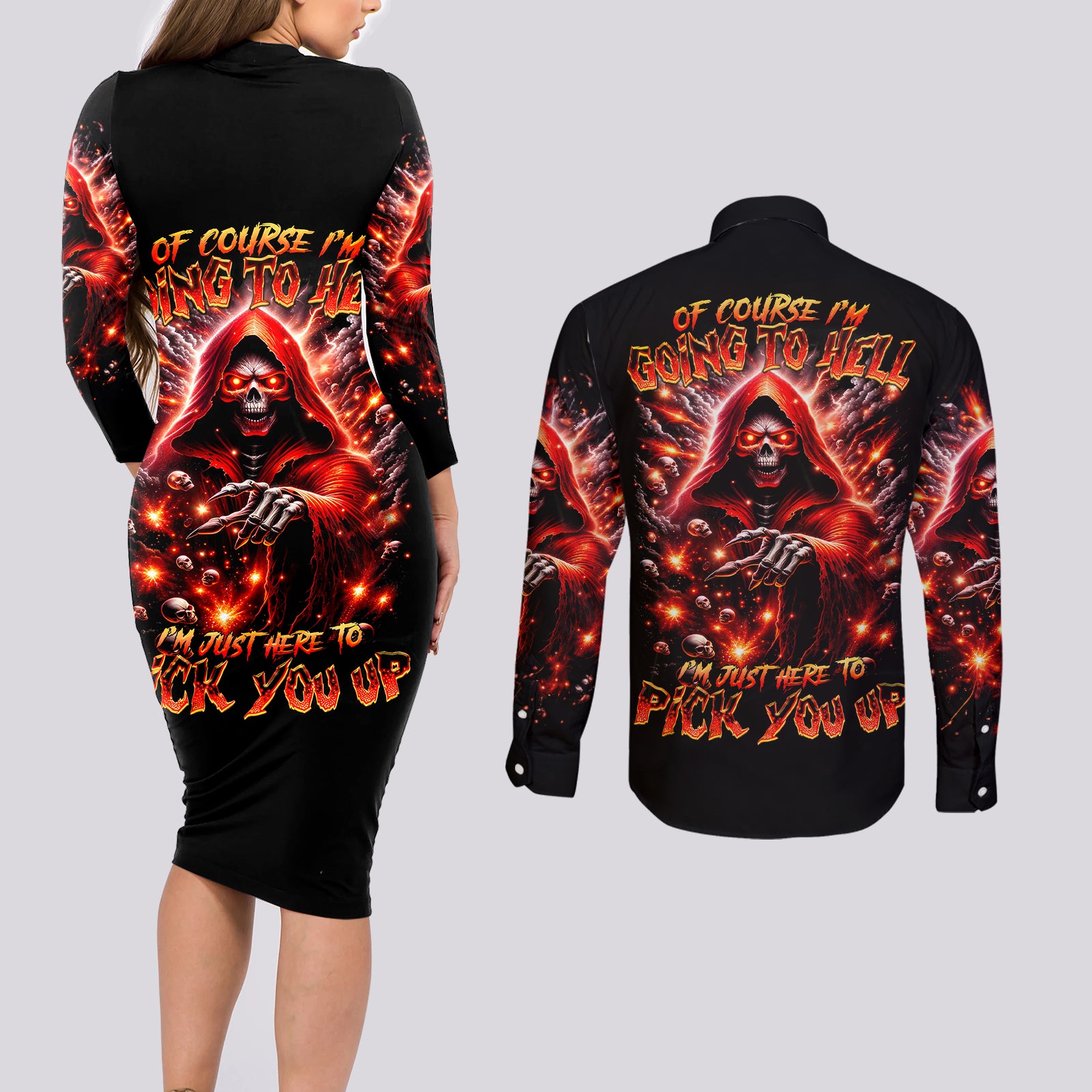 Flame Skull Couples Matching Long Sleeve Bodycon Dress and Long Sleeve Button Shirt Of Course I'm Going To Hell Just Pick You Up - Wonder Print Shop