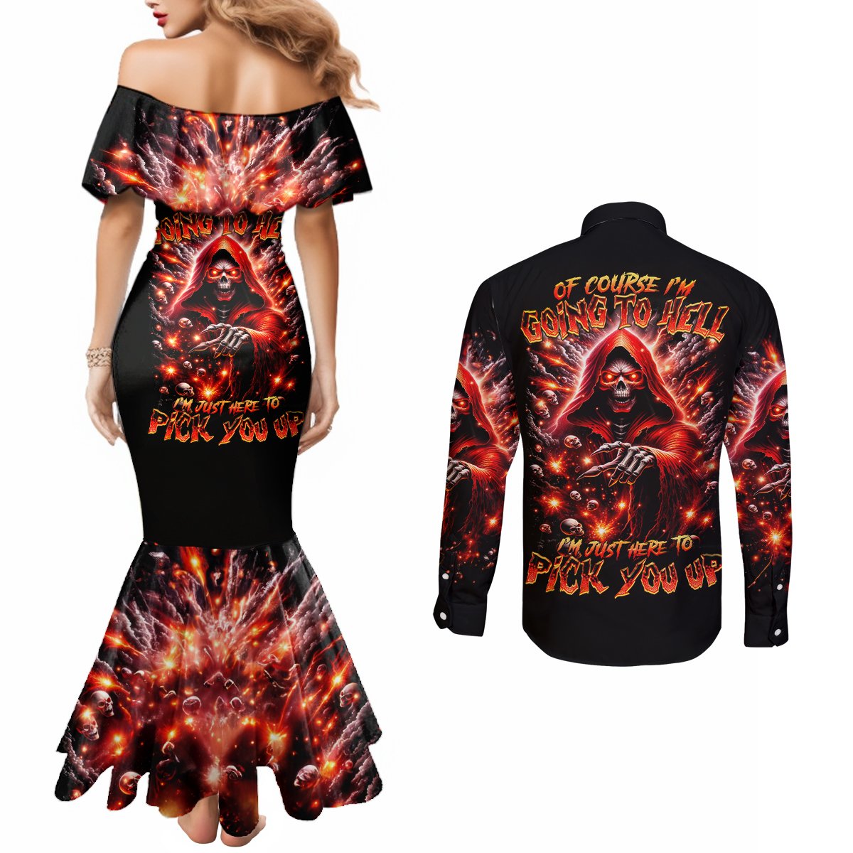 flame-skull-couples-matching-mermaid-dress-and-long-sleeve-button-shirt-of-course-im-going-to-hell-just-pick-you-up