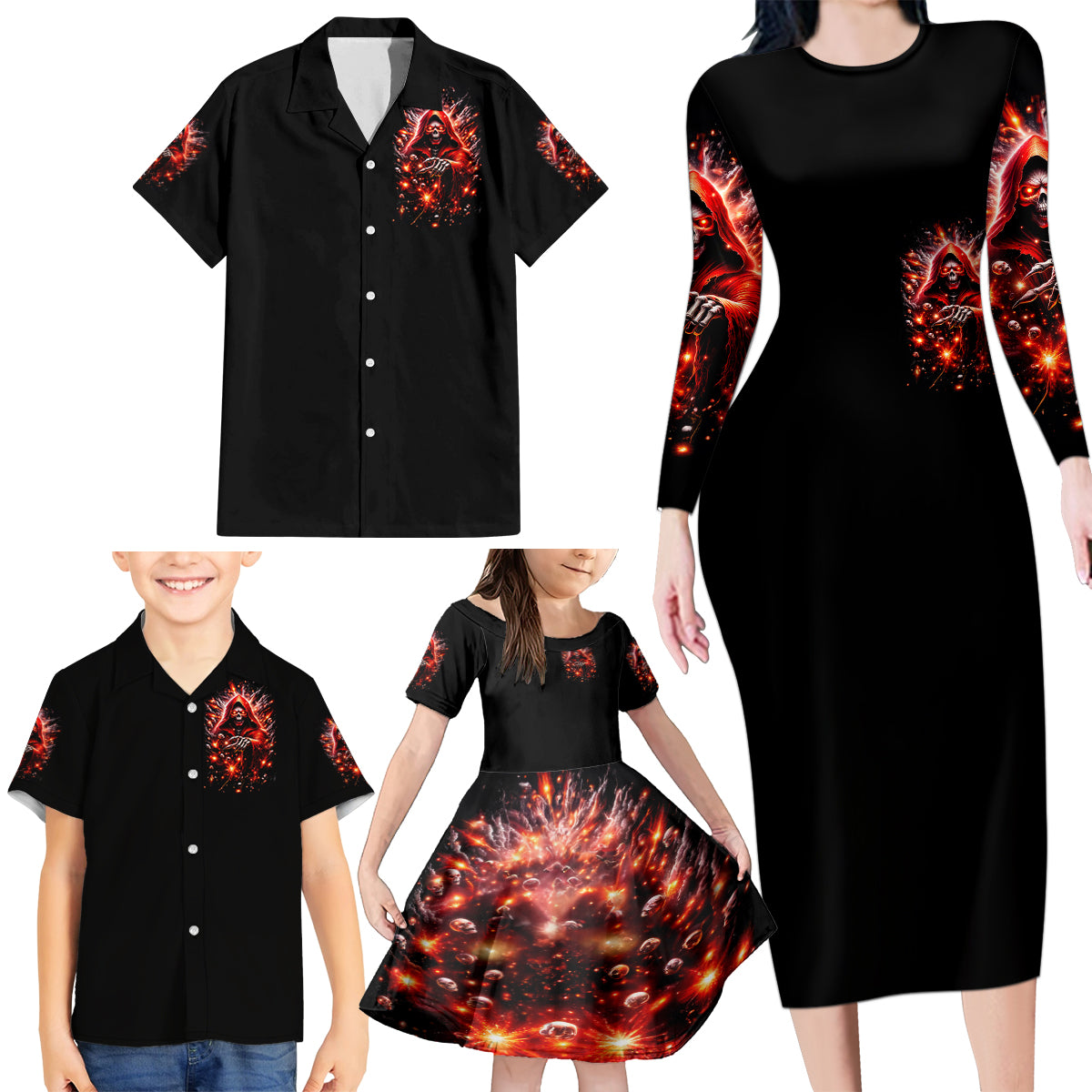 Flame Skull Family Matching Long Sleeve Bodycon Dress and Hawaiian Shirt Of Course I'm Going To Hell Just Pick You Up - Wonder Print Shop