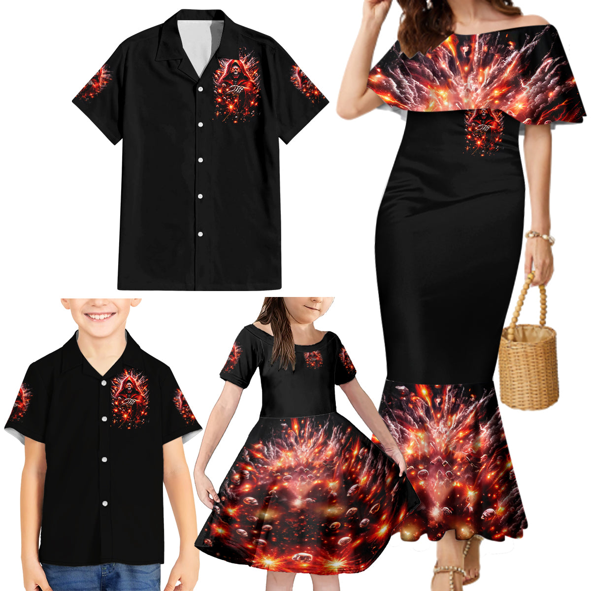 Flame Skull Family Matching Mermaid Dress and Hawaiian Shirt Of Course I'm Going To Hell Just Pick You Up - Wonder Print Shop