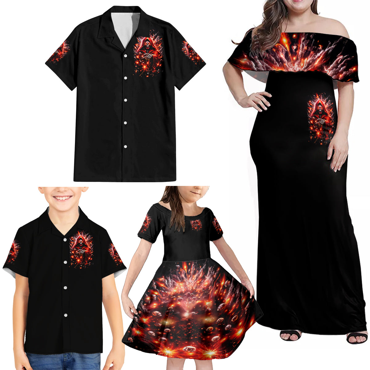 Flame Skull Family Matching Off Shoulder Maxi Dress and Hawaiian Shirt Of Course I'm Going To Hell Just Pick You Up - Wonder Print Shop
