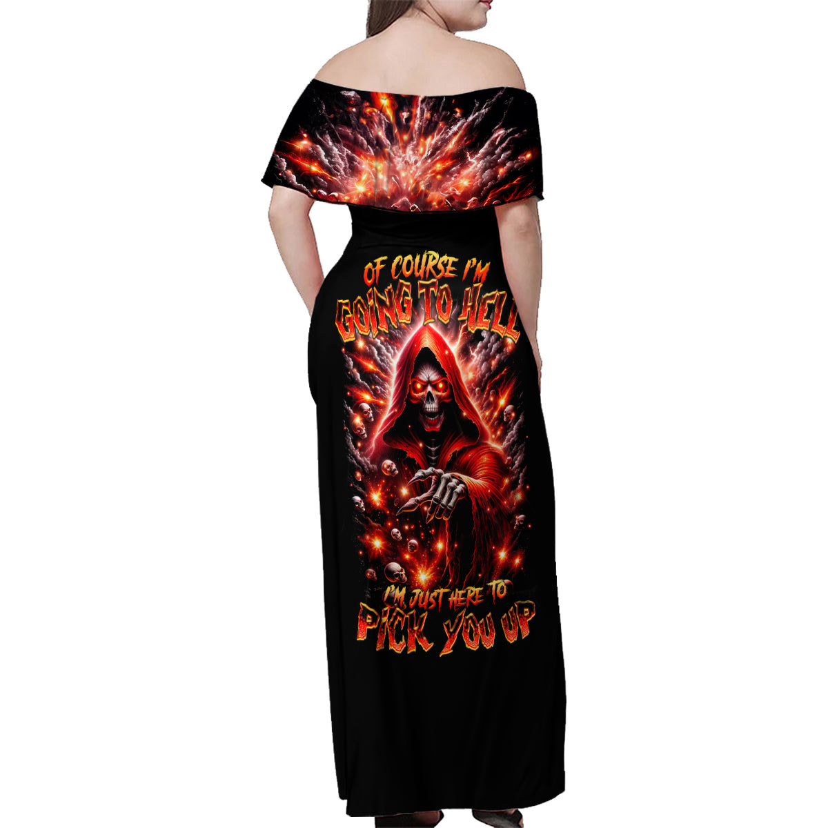 Flame Skull Family Matching Off Shoulder Maxi Dress and Hawaiian Shirt Of Course I'm Going To Hell Just Pick You Up - Wonder Print Shop