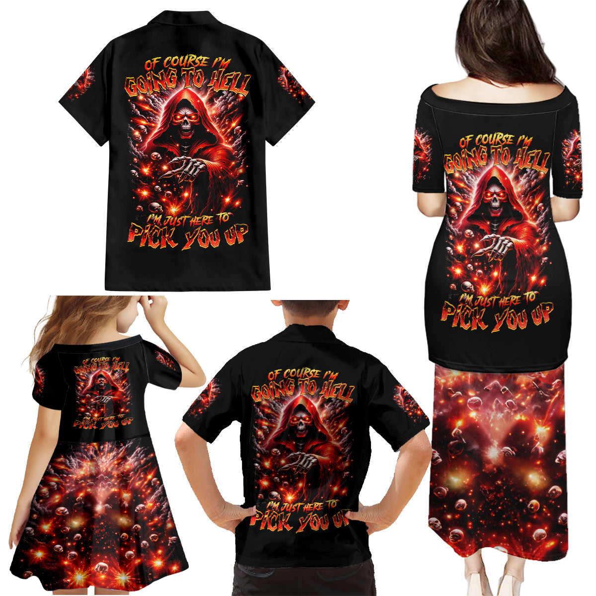 Flame Skull Family Matching Puletasi Dress and Hawaiian Shirt Of Course I'm Going To Hell Just Pick You Up - Wonder Print Shop