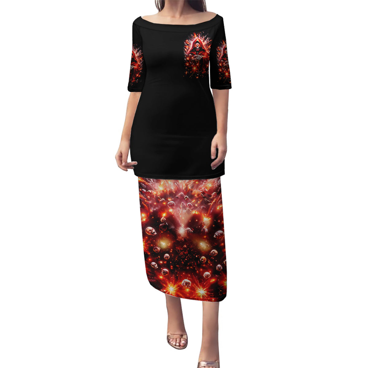 Flame Skull Family Matching Puletasi Dress and Hawaiian Shirt Of Course I'm Going To Hell Just Pick You Up - Wonder Print Shop