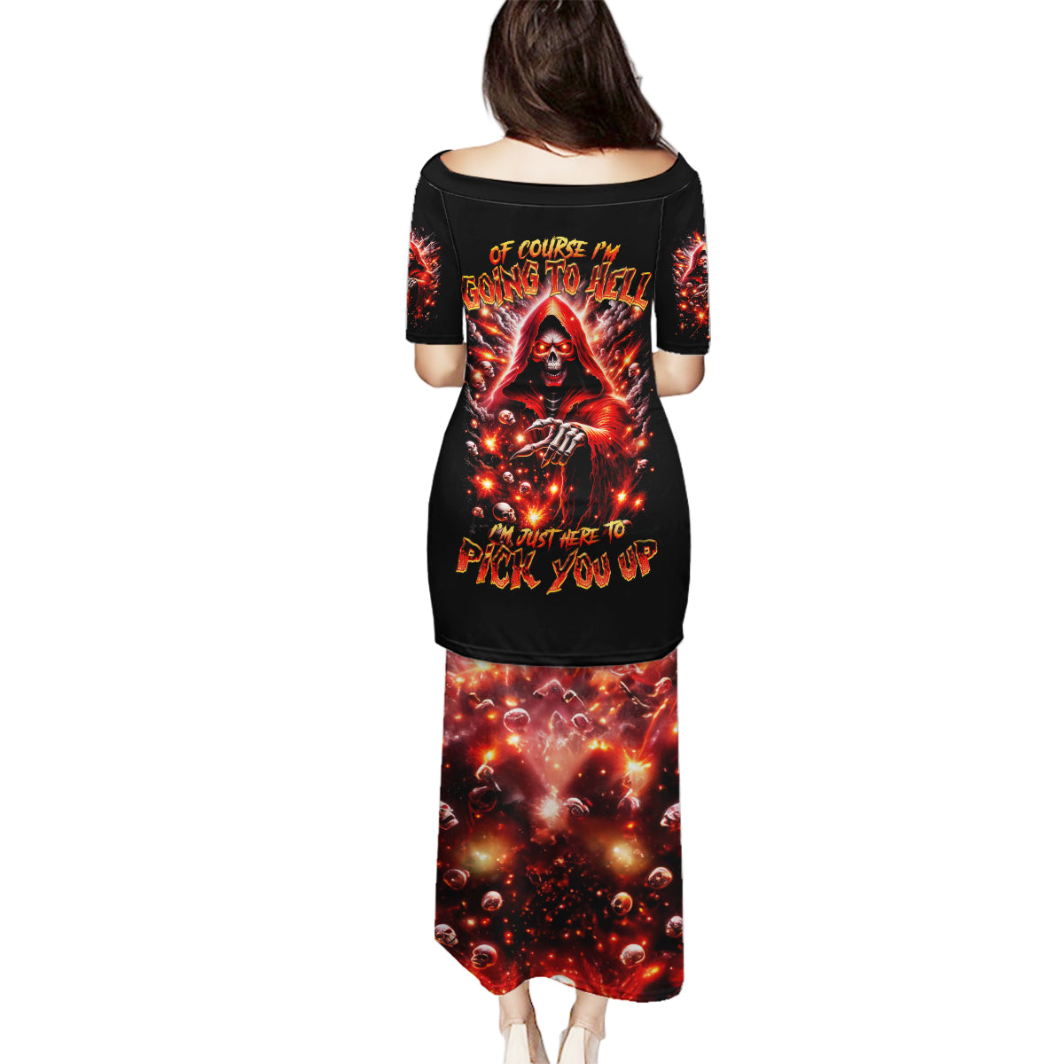 Flame Skull Family Matching Puletasi Dress and Hawaiian Shirt Of Course I'm Going To Hell Just Pick You Up - Wonder Print Shop